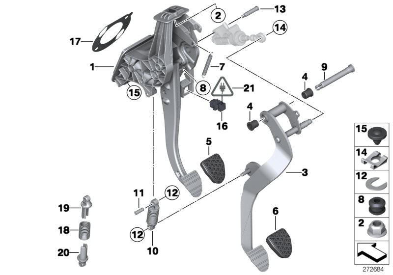 Illustration du Pédalier boîte de vitesses mécanique pour les BMW X Série Modèles  Pièces de rechange d'origine BMW du catalogue de pièces électroniques (ETK) pour véhicules automobiles BMW (voiture)   Bracket, compression spring, Bush bearing, Circlip, C