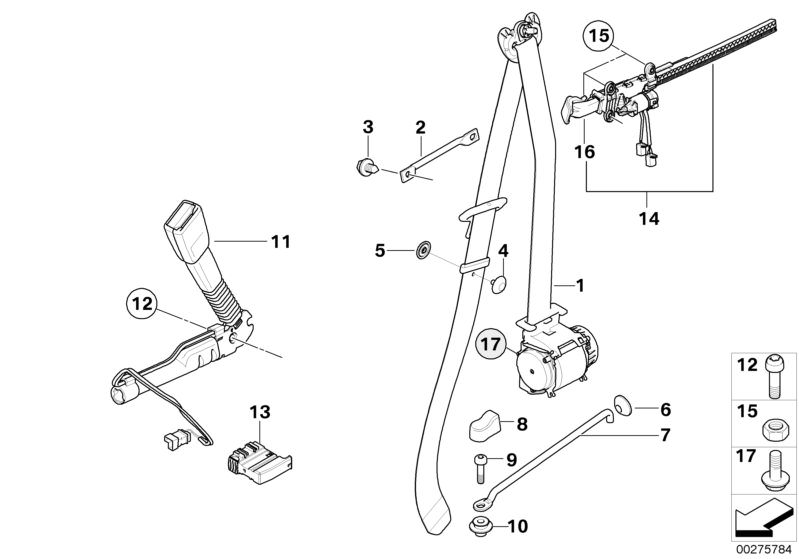 Picture board Safety belt front for the BMW 3 Series models  Original BMW spare parts from the electronic parts catalog (ETK) for BMW motor vehicles (car)   Belt handover, right, Bow, Bush, Button bottom, Button top, Combination nut, Covering cap, Fillist