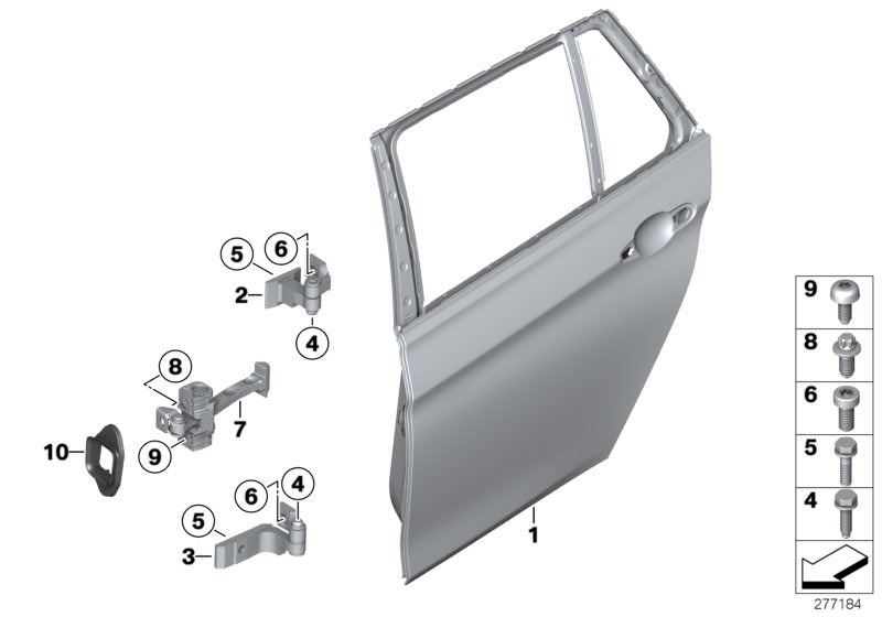 Picture board Rear door - hinge/door brake for the BMW 3 Series models  Original BMW spare parts from the electronic parts catalog (ETK) for BMW motor vehicles (car)   Door brake, rear left, Door, rear right, Hexagon screw with flange, Hexagon screw with 