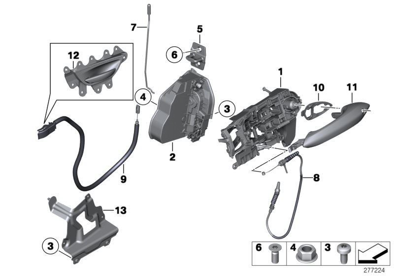 Picture board Locking system, door, front for the BMW 5 Series models  Original BMW spare parts from the electronic parts catalog (ETK) for BMW motor vehicles (car)   Adapter plate, front right, Bowden cable, door opener, front, Bowden cable, outside door