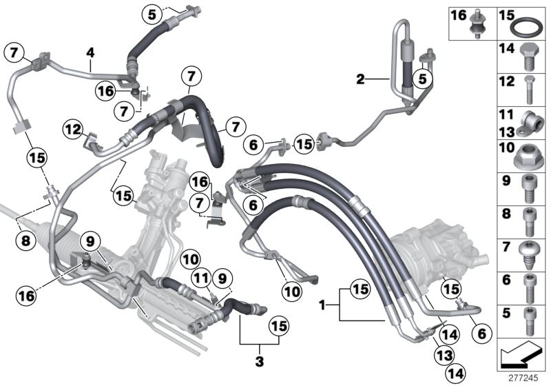 Picture board Power steering/oil pipe/dynamic drive for the BMW 5 Series models  Original BMW spare parts from the electronic parts catalog (ETK) for BMW motor vehicles (car)   Clamp, Expansion hose Dynamic Drive, Expansion hose Dynamic Drive 2nd part, Fi