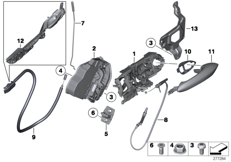 Picture board Locking system, door, rear for the BMW 5 Series models  Original BMW spare parts from the electronic parts catalog (ETK) for BMW motor vehicles (car)   Adapter plate, rear right, Bowden cable, outside door handle, Carrier, outside door handl