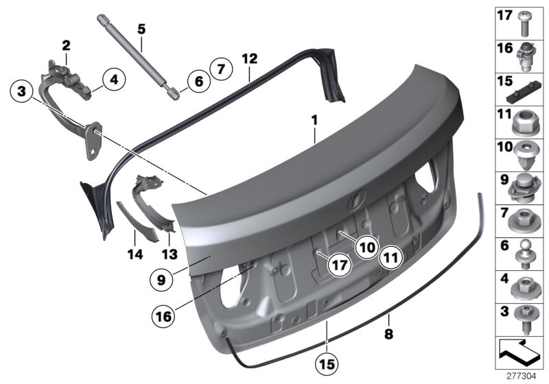 Picture board Trunk lid, bottom for the BMW 5 Series models  Original BMW spare parts from the electronic parts catalog (ETK) for BMW motor vehicles (car)   Ball pin, Buffer, adjustable, Cover right, Expanding nut, Fillister head screw, Gas strut, rear li