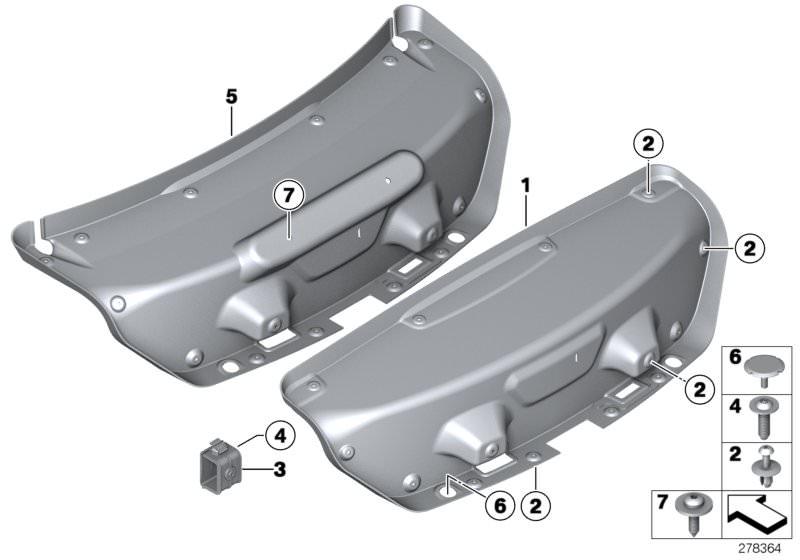 Picture board Trim panel, trunk lid for the BMW 6 Series models  Original BMW spare parts from the electronic parts catalog (ETK) for BMW motor vehicles (car)   Bracket for hazard warn. triangle, Expanding rivet, Fillister head screw, Stop plate, Torx-bol