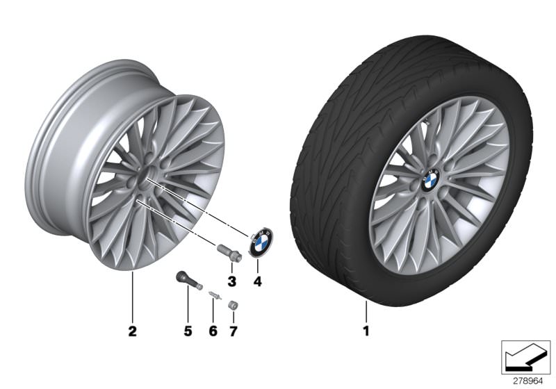 Picture board BMW LA wheel, multi spoke 414 - 17´´ for the BMW 3 Series models  Original BMW spare parts from the electronic parts catalog (ETK) for BMW motor vehicles (car)   Disc wheel, light alloy, reflex-silber, Hub cap with chrome edge, Rubber valve,