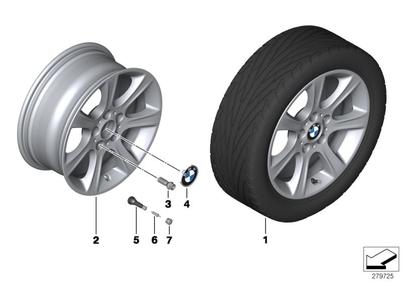 Illustration du BMW LA wheel, star spoke 394 - 17´´ pour les BMW 3 Série Modèles  Pièces de rechange d'origine BMW du catalogue de pièces électroniques (ETK) pour véhicules automobiles BMW (voiture)   Hub cap with chrome edge, Light alloy rim, Screw-in va