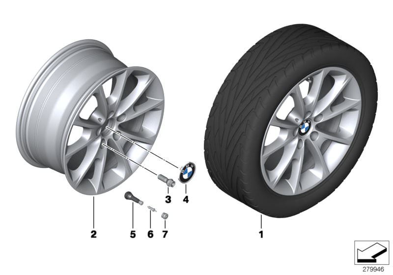Picture board BMW LA wheel, V-spoke 398 - 18´´ for the BMW 3 Series models  Original BMW spare parts from the electronic parts catalog (ETK) for BMW motor vehicles (car)   Hub cap with chrome edge, Light alloy disc wheel Reflexsilber, Rubber valve, Valve,