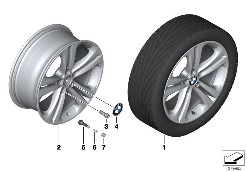 Picture board BMW LA wheel, double spoke 401 - 19´´ for the BMW 3 Series models  Original BMW spare parts from the electronic parts catalog (ETK) for BMW motor vehicles (car)   Hub cap with chrome edge, Light alloy disc wheel Reflexsilber, Rubber valve, V