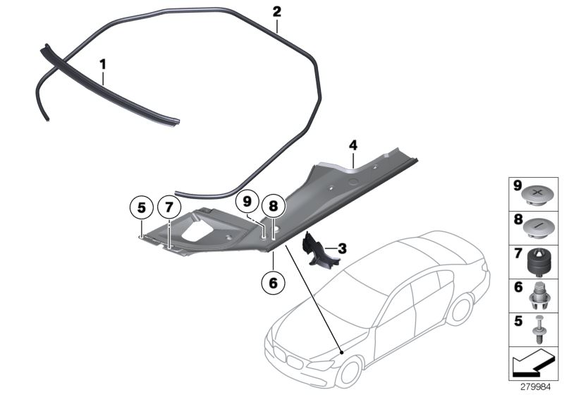 Picture board Bonnet seals for the BMW 7 Series models  Original BMW spare parts from the electronic parts catalog (ETK) for BMW motor vehicles (car)   Adjuster, Cover, Expanding rivet, Seal, bonnet, rear, Seal, bonnet, rear left, Seal, engine bonnet, fro