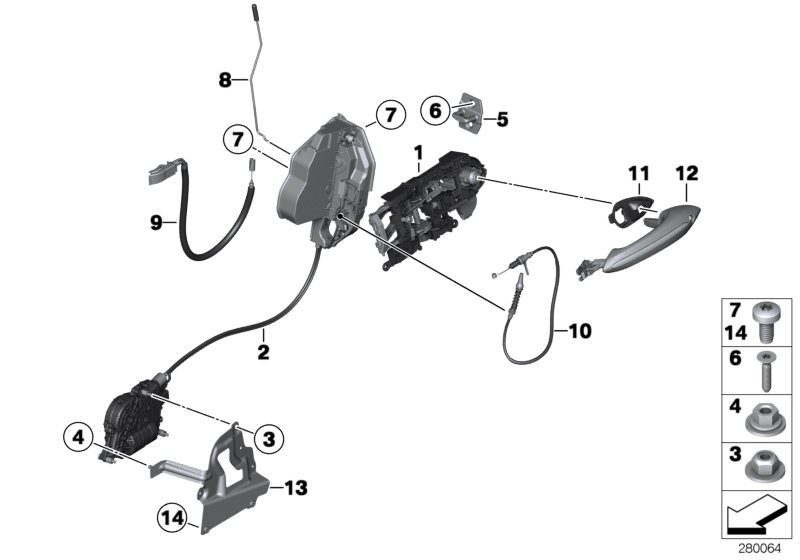 Bildtafel Schliesssystem Tür vorn für die BMW 6er Modelle  Original BMW Ersatzteile aus dem elektronischen Teilekatalog (ETK) für BMW Kraftfahrzeuge( Auto)    Abdeckung Griffbügel unten rechts, Adapterblech rechts, Betätigungsstange rechts, Bowdenzug Türa