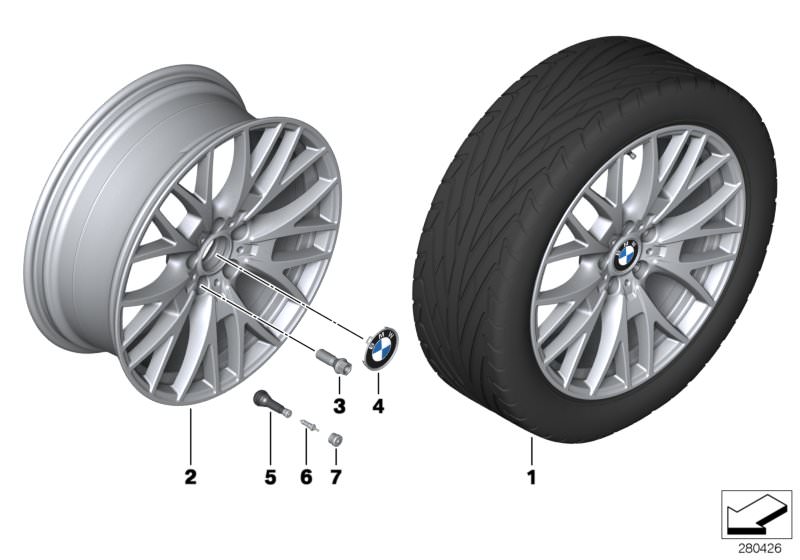 Picture board BMW LA wheel cross spoke 404-20´´ for the BMW 3 Series models  Original BMW spare parts from the electronic parts catalog (ETK) for BMW motor vehicles (car)   Disc wheel, light alloy, bright-turned, Hub cap with chrome edge, Rubber valve, Va