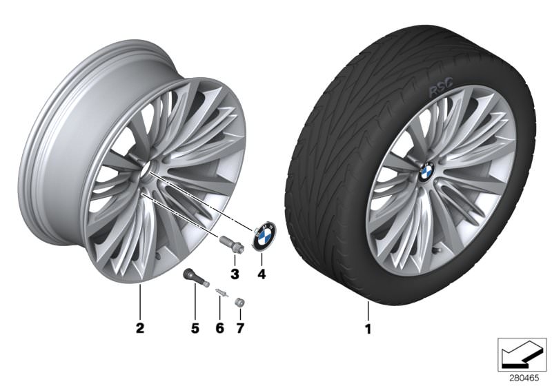 Picture board BMW LA wheel, V-spoke 463 for the BMW 7 Series models  Original BMW spare parts from the electronic parts catalog (ETK) for BMW motor vehicles (car)   Disc wheel, light alloy, bright-turned, Hub cap with chrome edge, Screw-in valve, RDC, Val