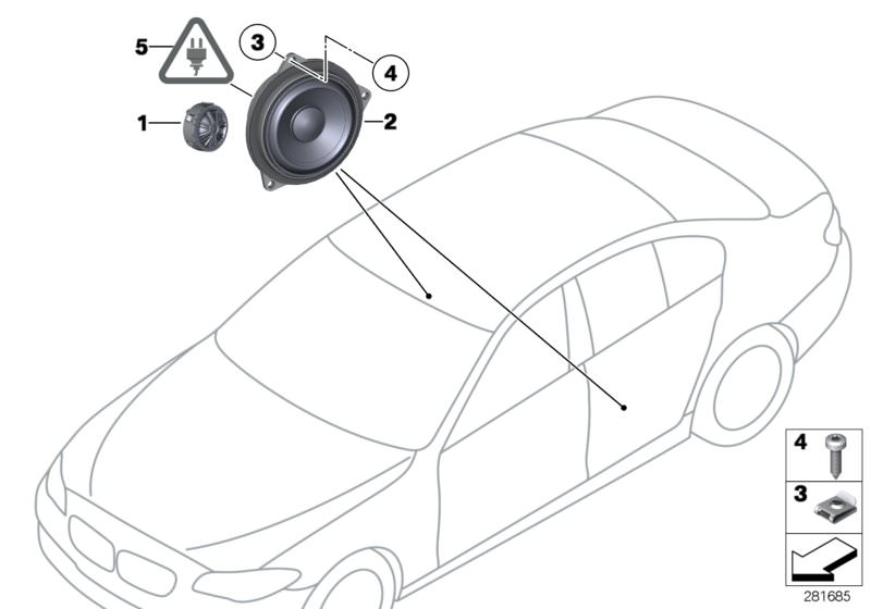 Picture board SINGLE PARTS F REAR DOOR TOP-HIFI SYST. for the BMW 5 Series models  Original BMW spare parts from the electronic parts catalog (ETK) for BMW motor vehicles (car)   Body nut, Sheet screw, black, TOP-HIFI MID-RANGE LOUDSPEAKER, Tweeter