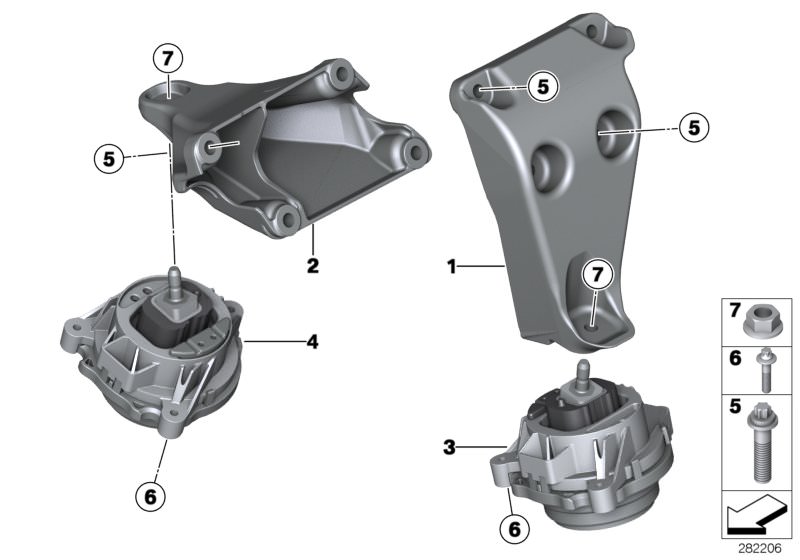 Picture board Engine Suspension for the BMW 2 Series models  Original BMW spare parts from the electronic parts catalog (ETK) for BMW motor vehicles (car)   Engine mount, left, Engine mount, right, Engine supporting bracket, left, Engine supporting bracke