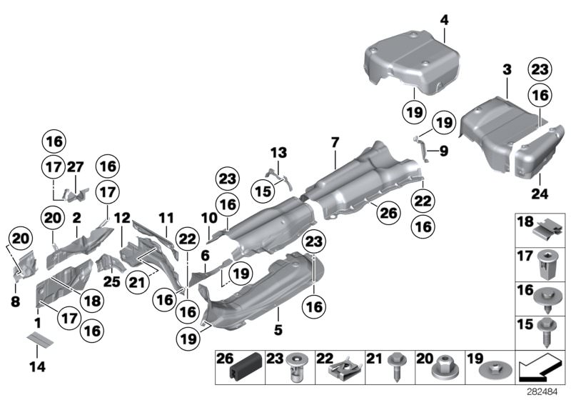 Picture board Heat insulation for the BMW 7 Series models  Original BMW spare parts from the electronic parts catalog (ETK) for BMW motor vehicles (car)   Abschottung, Bracket, fuel tank heat insulation right, C-clip nut, Clamp, Clip nut, Edge protection,