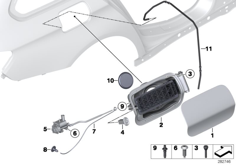 Picture board FILL-IN FLAP for the BMW 5 Series models  Original BMW spare parts from the electronic parts catalog (ETK) for BMW motor vehicles (car)   Cover pot, ejector, Emergency mechanism parking lock, Fill-in flap, primed, Filler flap actuator, Gaske