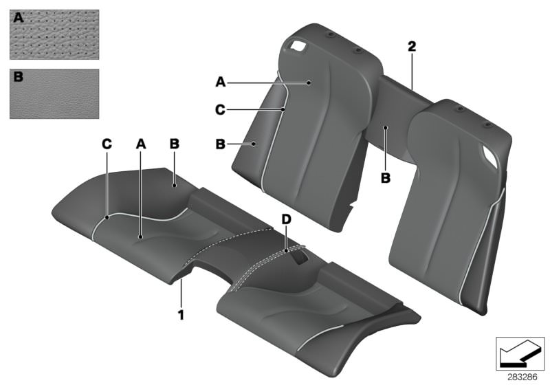 Picture board Individual cover Klima-Leather, rear for the BMW 6 Series models  Original BMW spare parts from the electronic parts catalog (ETK) for BMW motor vehicles (car)   Cover, backrest, rear, A/C leather, Cover, seat, rear, A/C leather