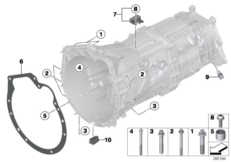 Picture board Transmission mounting parts for the BMW 3 Series models  Original BMW spare parts from the electronic parts catalog (ETK) for BMW motor vehicles (car)   ASA-Bolt, Blind plug, Dowel, Intermediate flange, REVERSING LIGHT SWITCH, Torx screw, mi