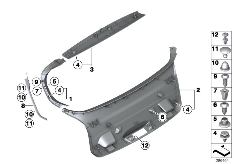 Picture board Trim panel, trunk lid for the BMW 1 Series models  Original BMW spare parts from the electronic parts catalog (ETK) for BMW motor vehicles (car)   Button, Clip Natur, Clip, upper part, Expanding nut, Expanding rivet, Fillister head screw wit