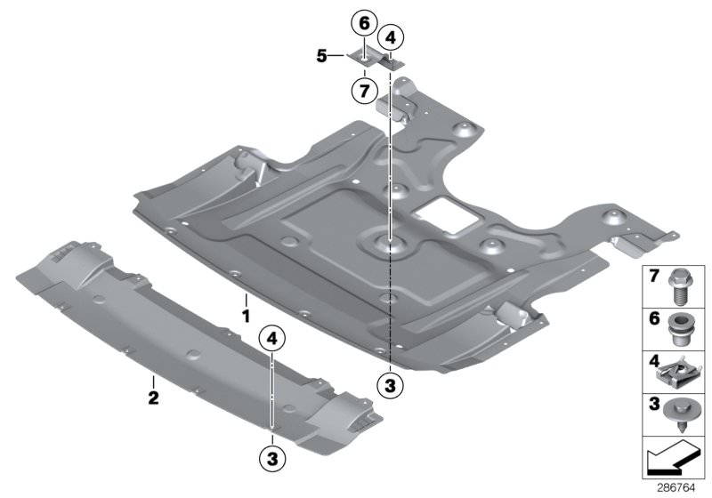 Picture board Underbonnet screen for the BMW 7 Series models  Original BMW spare parts from the electronic parts catalog (ETK) for BMW motor vehicles (car)   Blind rivet nut, flat headed, C-clip nut, Hex Bolt, Interm. piece engine compartm. shielding, M e