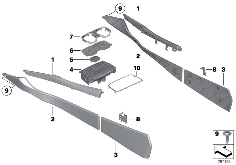 Picture board Mounted parts for centre console for the BMW 7 Series models  Original BMW spare parts from the electronic parts catalog (ETK) for BMW motor vehicles (car)   Chrome frame, cupholder, Cover, emergency release, Drink holder, Fillister head scr