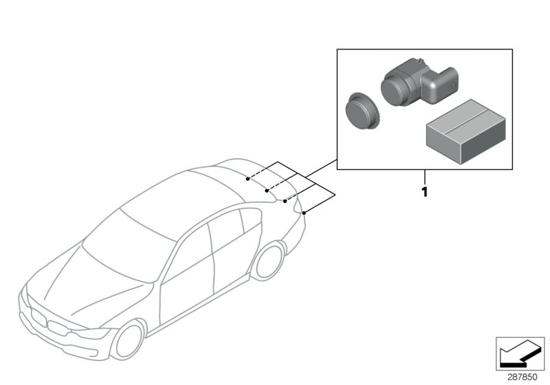Illustration du Kit de montage PDC arrière pour les BMW 3 Série Modèles  Pièces de rechange d'origine BMW du catalogue de pièces électroniques (ETK) pour véhicules automobiles BMW (voiture) 