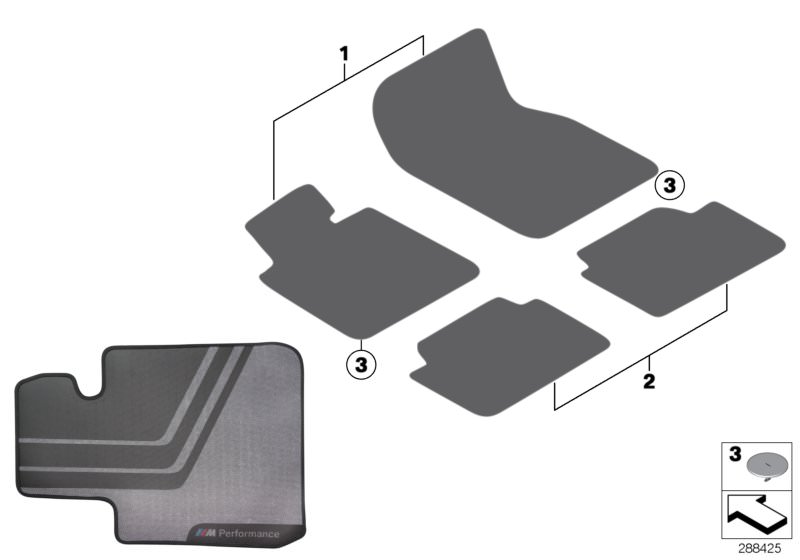 Picture board M Performance floor mats for the BMW 3 Series models  Original BMW spare parts from the electronic parts catalog (ETK) for BMW motor vehicles (car) 