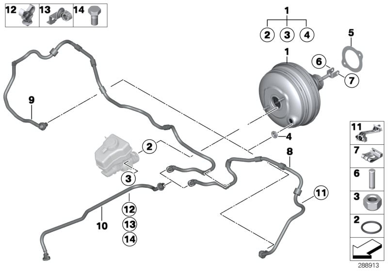 Picture board Power brake unit depression for the BMW 5 Series models  Original BMW spare parts from the electronic parts catalog (ETK) for BMW motor vehicles (car)   BRAKE MASTER CYLINDER O-RING, Brake pedal pin, Brake servo unit, Clip, vacuum pipe, Fuse