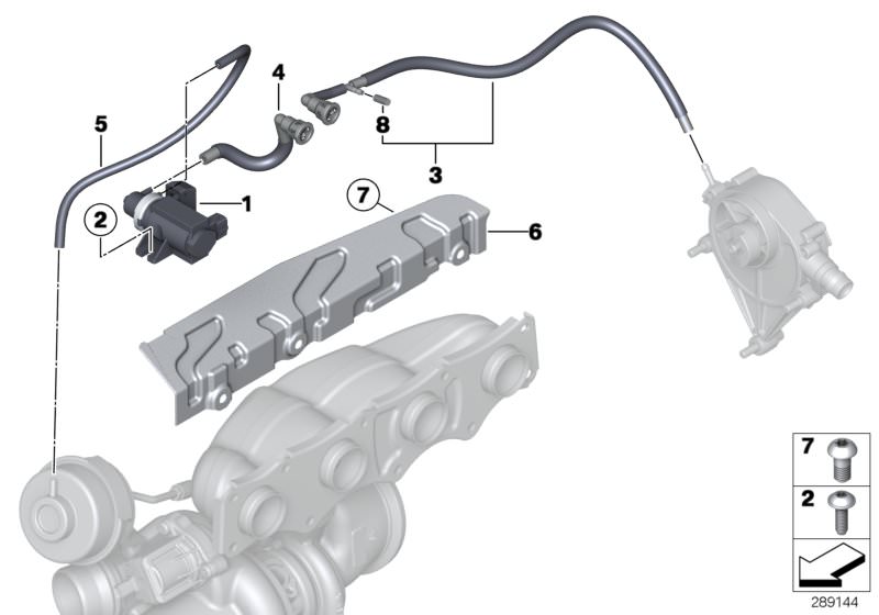 Picture board VACUM CONTROL-ENGINE-TURBO CHARGER for the BMW X Series models  Original BMW spare parts from the electronic parts catalog (ETK) for BMW motor vehicles (car)   Cap, Fillister head screw, Heat resistant plate, PRESSURE CONVERTER, Vacuum hose