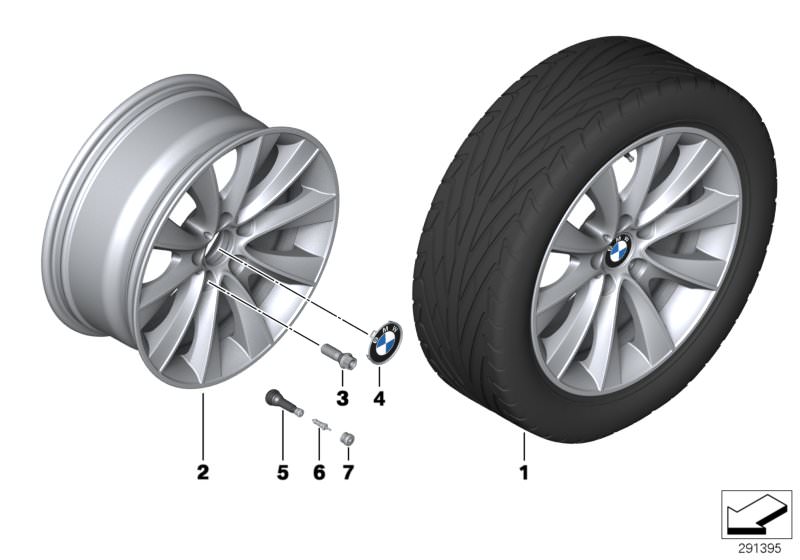 Picture board BMW LA wheel, V-spoke 425 - 18´´ for the BMW 5 Series models  Original BMW spare parts from the electronic parts catalog (ETK) for BMW motor vehicles (car)   Disc wheel, light alloy, bright-turned, Hub cap with chrome edge, Screw-in valve, R