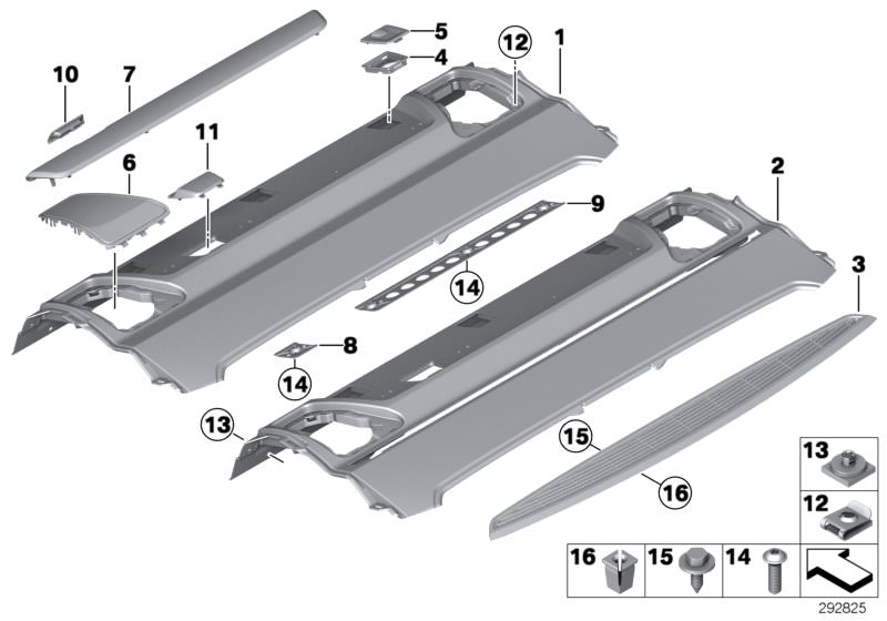 Picture board REAR WINDOW SHELF for the BMW 7 Series models  Original BMW spare parts from the electronic parts catalog (ETK) for BMW motor vehicles (car)   Body nut, Clip, Counterholder, left, Counterholder, right, Cover, COVER F LEFT LOUDSPEAKER, Cover,