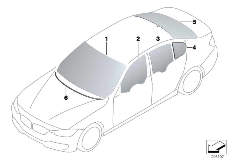 Picture board Glazing for the BMW 3 Series models  Original BMW spare parts from the electronic parts catalog (ETK) for BMW motor vehicles (car)   Door window, front right, Door window, rear right, Green windscreen, Rear window, Side window, fixed, rear r
