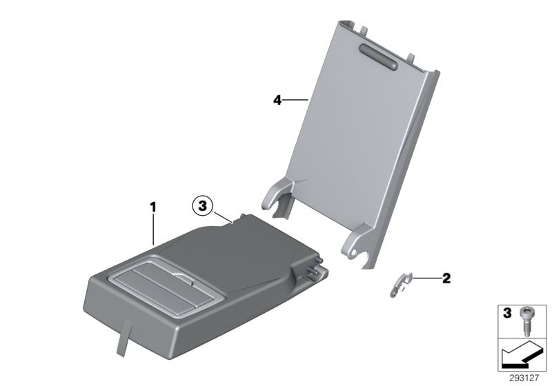 Picture board Rear seat centre armrest for the BMW 4 Series models  Original BMW spare parts from the electronic parts catalog (ETK) for BMW motor vehicles (car)   Armrest, leatherette, rear middle, Collar screw, Locking element, right, Trim, armrest, rea