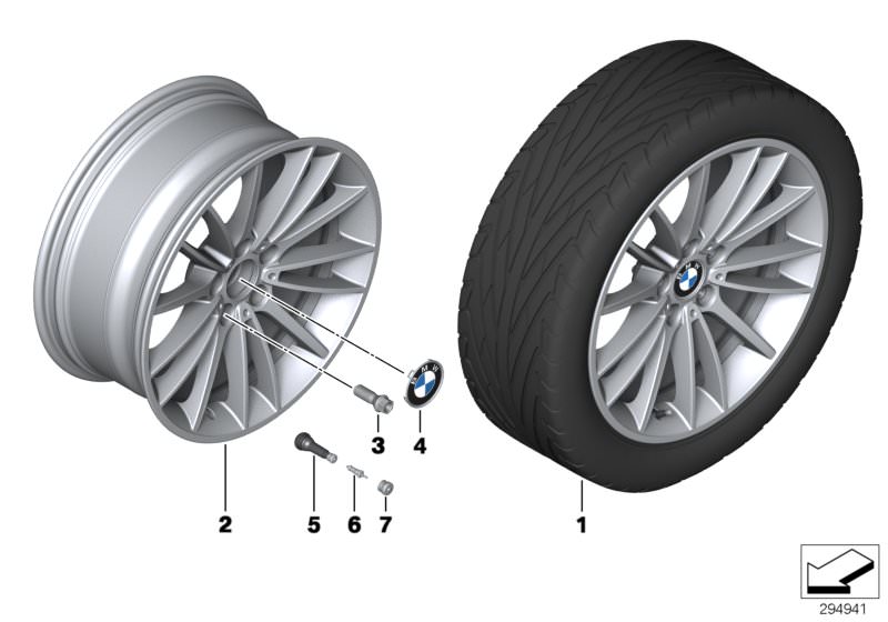 Bildtafel BMW LM Rad V-Speiche 426 - 19´´ für die BMW 5er Modelle  Original BMW Ersatzteile aus dem elektronischen Teilekatalog (ETK) für BMW Kraftfahrzeuge( Auto)    Nabenabdeckung mit Chromrand, Radschraube Schwarz, Scheibenrad Leichtmetall glanzgedreht