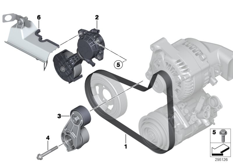 Picture board Belt Drive Water Pump/Alternator for the BMW 1 Series models  Original BMW spare parts from the electronic parts catalog (ETK) for BMW motor vehicles (car)   ASA-Bolt, Frictional wheel, Hex Bolt with washer, MECHANICAL BELT TENSIONER, Protec