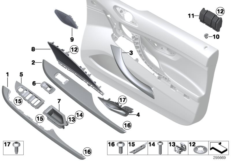 Bildtafel Anbauteile Türverkleidung vorn für die BMW 6er Modelle  Original BMW Ersatzteile aus dem elektronischen Teilekatalog (ETK) für BMW Kraftfahrzeuge( Auto)    Axialsicherung, Blende Schalter Fensterheber Beifahrer, Blende Tür Carbon links, Blende V