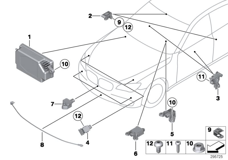 Bildtafel Elektrikteile Airbag für die BMW 5er Modelle  Original BMW Ersatzteile aus dem elektronischen Teilekatalog (ETK) für BMW Kraftfahrzeuge( Auto)    Clip Blechmutter, Sensor, Sensor B-Säule, Sensor Fussgängerschutz LWL, Sensor Tür, Sperrzahnmutter,