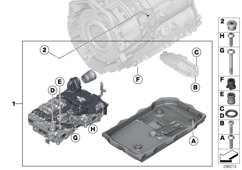 Illustration du Module mécatronique GA8P70H pour les BMW 7 Série Modèles  Pièces de rechange d'origine BMW du catalogue de pièces électroniques (ETK) pour véhicules automobiles BMW (voiture)   Exchange repair kit for mechatronics, Screw plug with gasket r