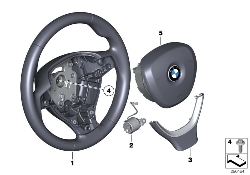 Picture board Airbag sports steering wheel multifunct. for the BMW 5 Series models  Original BMW spare parts from the electronic parts catalog (ETK) for BMW motor vehicles (car)   Airbag module, driver´s side, Decorative trim, steering wheel, Hex Bolt, Sp