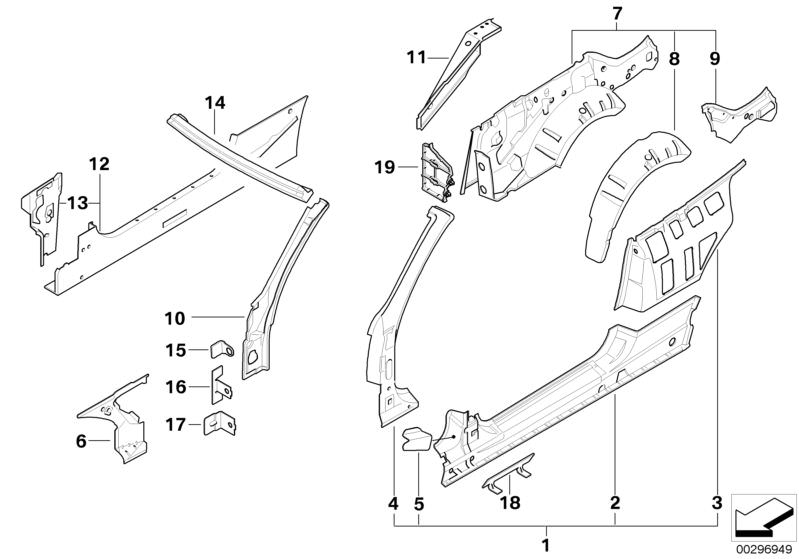 Picture board BODY-SIDE FRAME for the BMW 3 Series models  Original BMW spare parts from the electronic parts catalog (ETK) for BMW motor vehicles (car)   Bracket, side panel, bottom, Bracket, side panel, center, Bracket, side panel, entrance, right, Brac