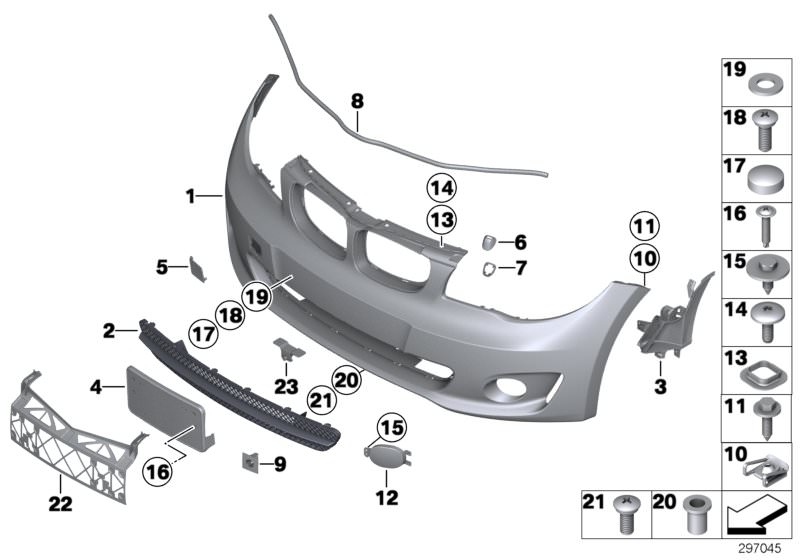 Picture board Trim panel, front for the BMW 1 Series models  Original BMW spare parts from the electronic parts catalog (ETK) for BMW motor vehicles (car)   Air duct, side left, Blind rivet nut, flat headed, BRACKET ACCELERATION SENSOR, C-clip nut, self-l