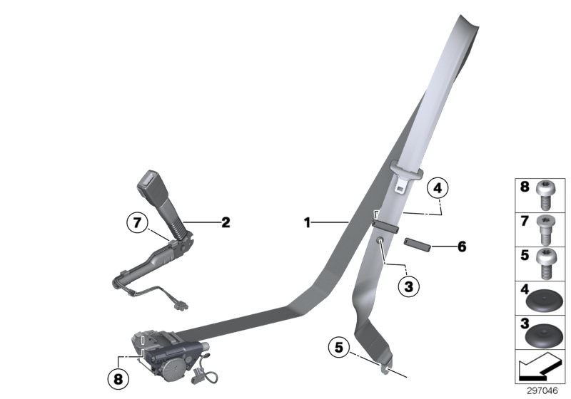 Bildtafel Sicherheitsgurt vorn für die BMW 6er Modelle  Original BMW Ersatzteile aus dem elektronischen Teilekatalog (ETK) für BMW Kraftfahrzeuge( Auto)    Klemmstück, Knopf oben, Knopf unten, Linsenschraube, Obergurt vorn links, Untergurt mit Gurtstramme