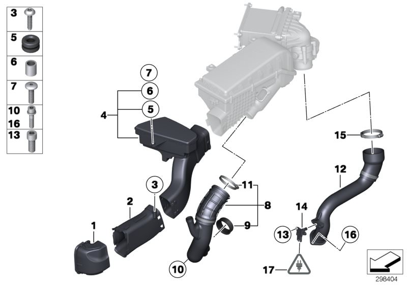 Picture board Air duct for the BMW 7 Series models  Original BMW spare parts from the electronic parts catalog (ETK) for BMW motor vehicles (car)   Air duct, Charge air tube, Fillister head screw, Fillister head with washer, Filtered air pipe, Gasket, Gro