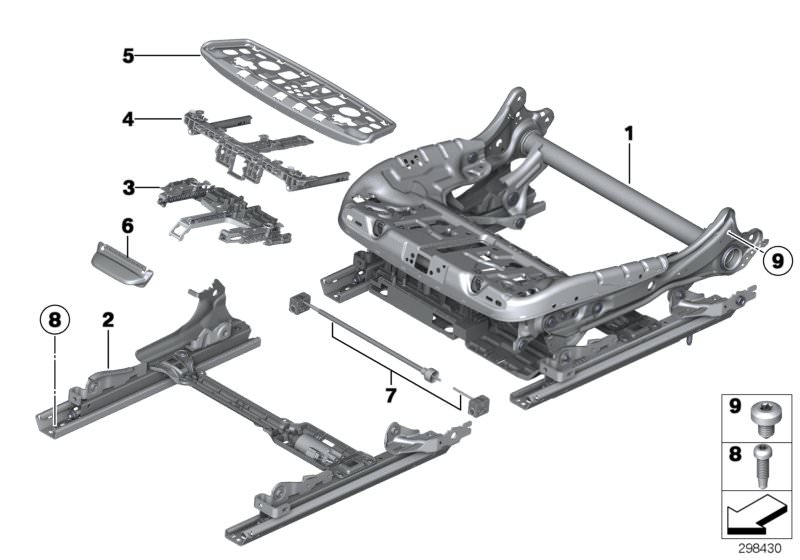 Picture board Seat, front, seat frame for the BMW X Series models  Original BMW spare parts from the electronic parts catalog (ETK) for BMW motor vehicles (car)   Carrier thigh support, Countersunk screw, Fillister head screw, Handle, thigh support, Mecha