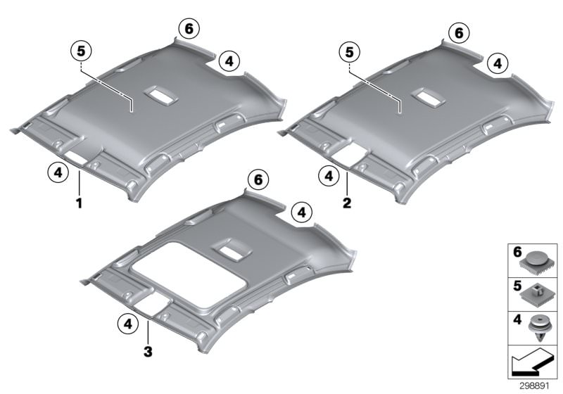 Picture board Headlining for the BMW 3 Series models  Original BMW spare parts from the electronic parts catalog (ETK) for BMW motor vehicles (car)   Clip, Clip Natur, Hook and loop clip, MOLDED HEADLINING F SLIDING LIFTING ROOF, Moulded roof lining