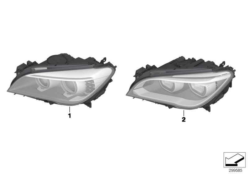 Bildtafel Scheinwerfer für die BMW 7er Modelle  Original BMW Ersatzteile aus dem elektronischen Teilekatalog (ETK) für BMW Kraftfahrzeuge( Auto)    Scheinwerfer AHL-Xenonlicht links, Scheinwerfer LED rechts