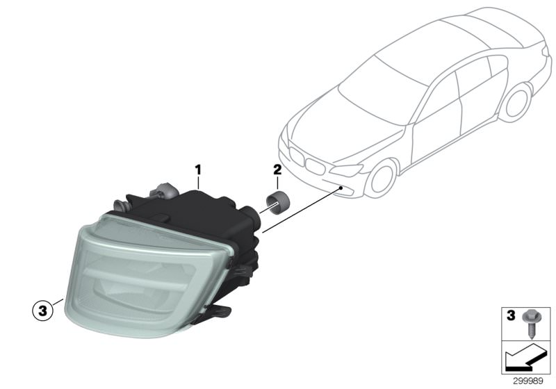 Illustration du Phares anti-brouillard LED pour les BMW 7 Série Modèles  Pièces de rechange d'origine BMW du catalogue de pièces électroniques (ETK) pour véhicules automobiles BMW (voiture)   Fog light, LED, left, Screw, self tapping, VENTILATION GROMMET