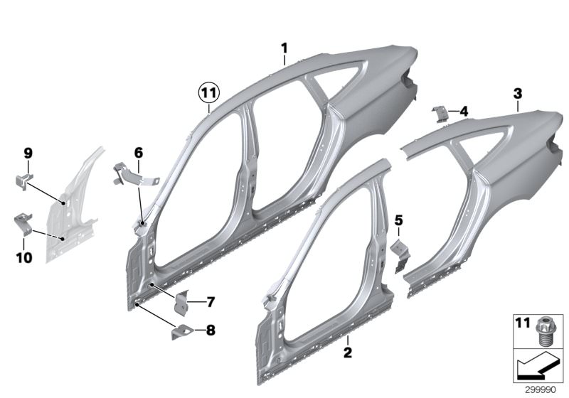Picture board BODY-SIDE FRAME for the BMW 3 Series models  Original BMW spare parts from the electronic parts catalog (ETK) for BMW motor vehicles (car)   Bracket, side panel column A, Bracket, side panel, bottom, Bracket, side panel, top left, Bracket, w