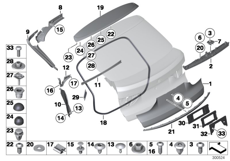 Picture board Mounting parts, rear lid for the BMW 5 Series models  Original BMW spare parts from the electronic parts catalog (ETK) for BMW motor vehicles (car)   Bump stop, Bush, Cap, Clamp, Clip, bottom part, Clip, upper part, Cover, Cover, rear lid, t