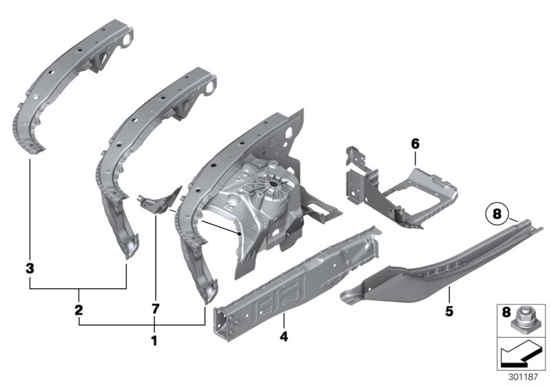 Picture board WHEELHOUSE/ENGINE SUPPORT for the BMW 7 Series models  Original BMW spare parts from the electronic parts catalog (ETK) for BMW motor vehicles (car)   Carr.supp. w/o VIN, wheel arch fr. right, Connection pcs,wheel house/entrance,rght, EARTH 